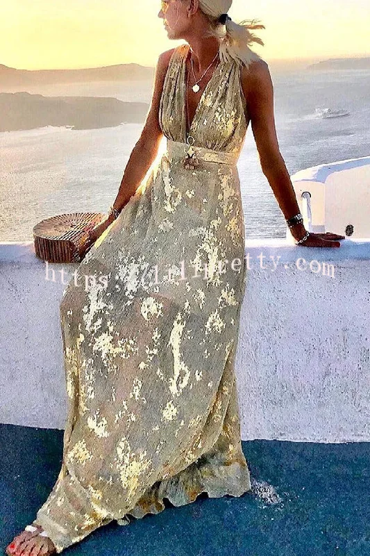 Lilipretty Golden Sunset Stories V-neck Maxi Dress Elegant Maxi Dress with Lace