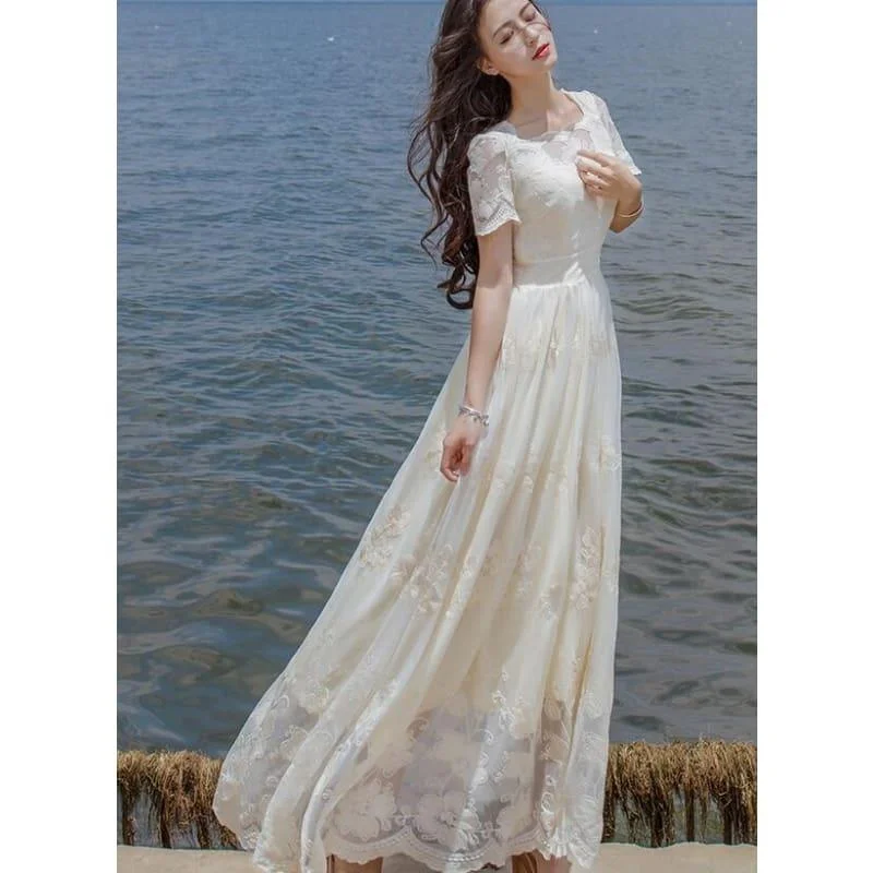 High Quality Stylish Short Sleeve Flower Embroidery A Patterned  Lace Long Maxi Dress Classic Solid Maxi Dress