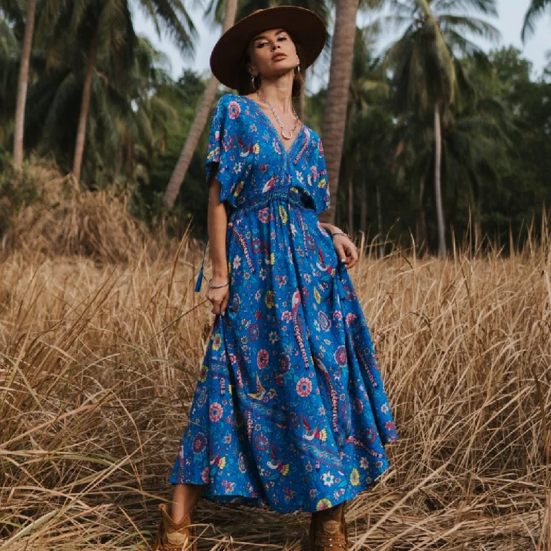 JETTA Maxi Dress - Blue Trendy Short Sleeve Maxi Dress