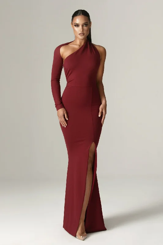 Lilux One Shoulder Modern Maxi Dress (Maroon) Elegant Wraparound Maxi Dress