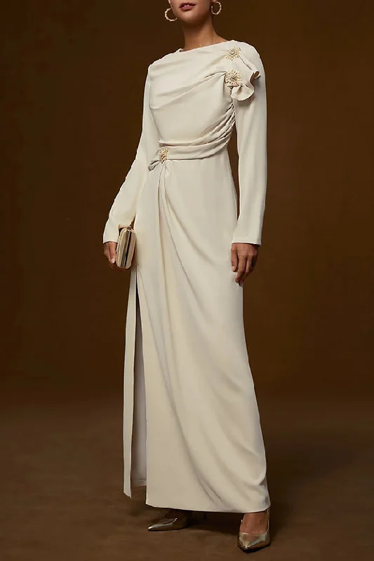 Elegant Ruched Long Sleeve Slit Shift Maxi Dress Comfortable Maxi Dress with Slits