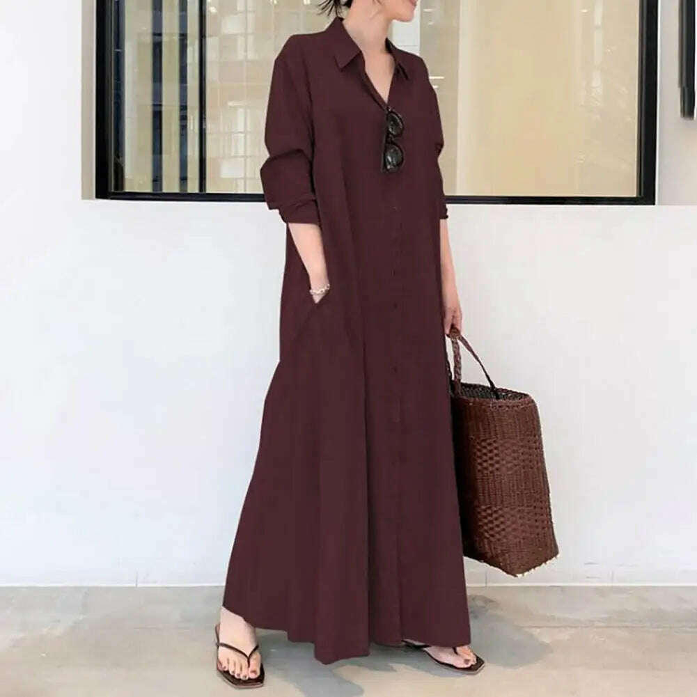 Loose Cut Button Closure Dress Spring Maxi Dress with Turn-down Collar Single-breasted Long Sleeve Ankle Length Women's Loose Comfortable Plunging Neckline Maxi Dress