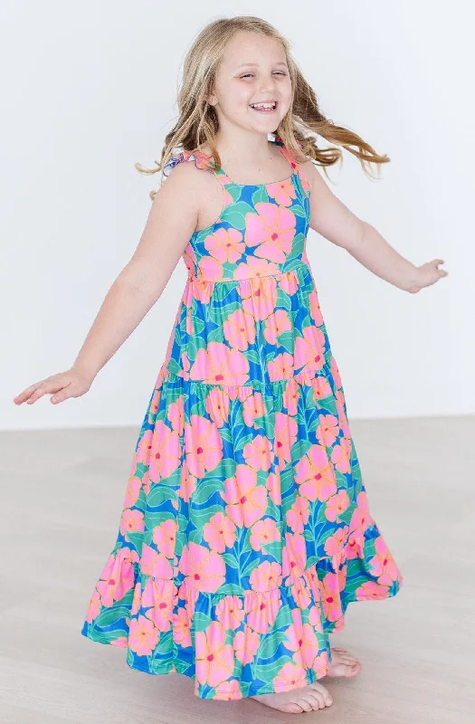 Luau Floral Ruffle Maxi Dress Trendy A-Line Maxi Dress