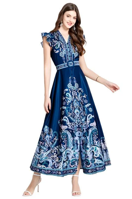 Navy Blue Floral Flutter Sleeve Maxi Dress Stylish Boho Maxi Dress