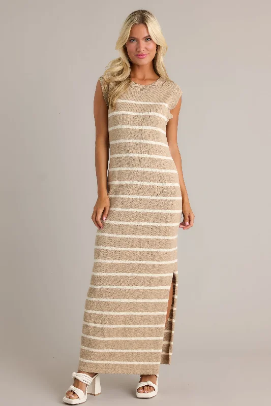 Neutral Grace Taupe Stripe Sleeveless Maxi Dress Fashionable Faux Wrap Maxi Dress