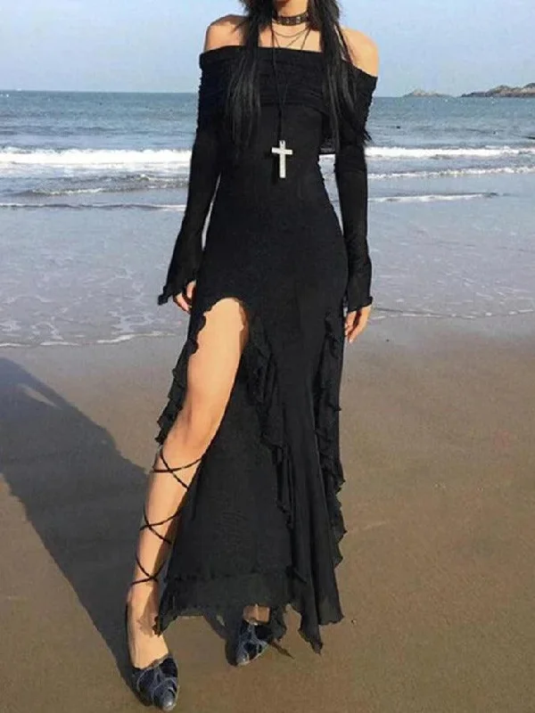 Off Shoulder Ruffle High Slit Maxi Dress Cozy Maxi Dress with Slit