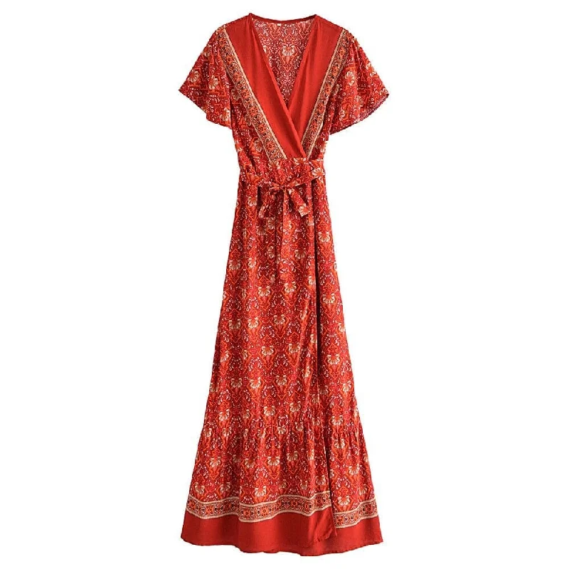 Pandora Red Vintage Floral Wrap Maxi Dress Trendy Maxi Dress with Straps