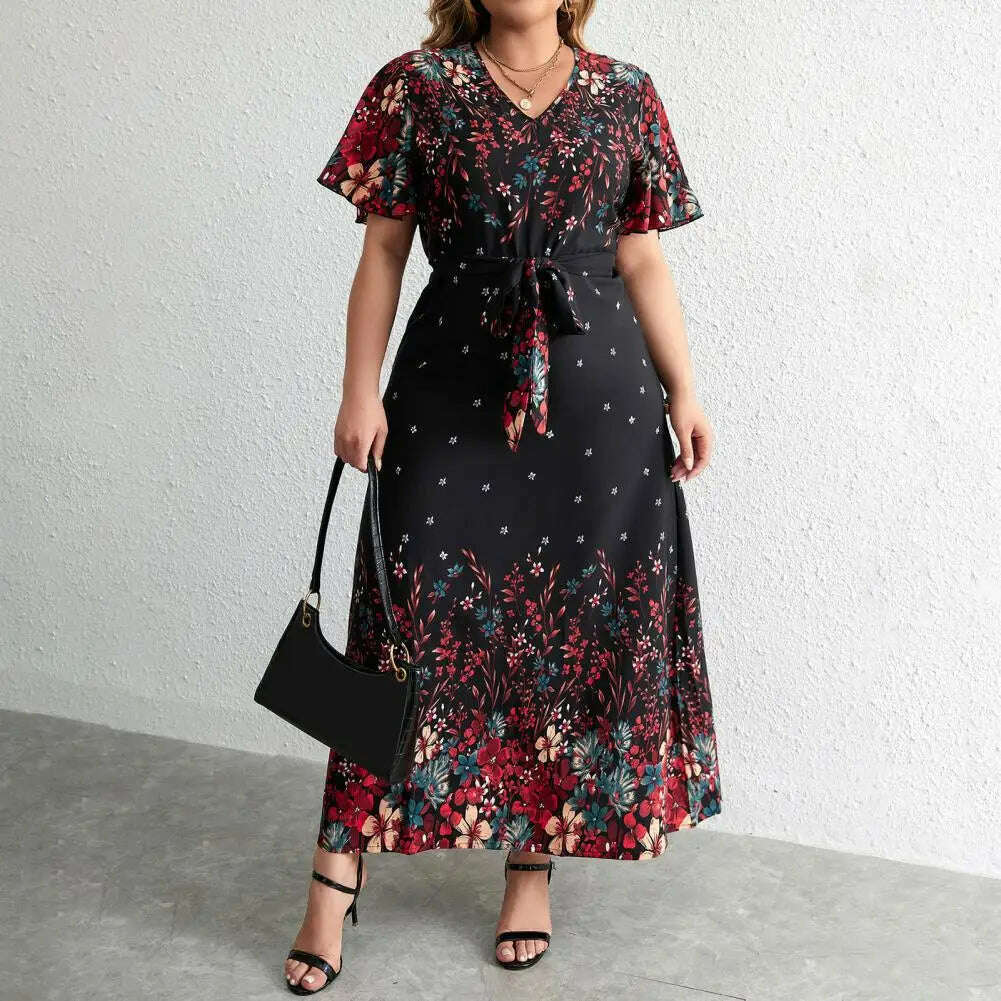 Plus Size Floral Print Dress Floral Print A-line Maxi Dress with Lace-up Belt V Neck for Women Plus Size Ankle Length Party Prom Cozy Open-Back Maxi Dress