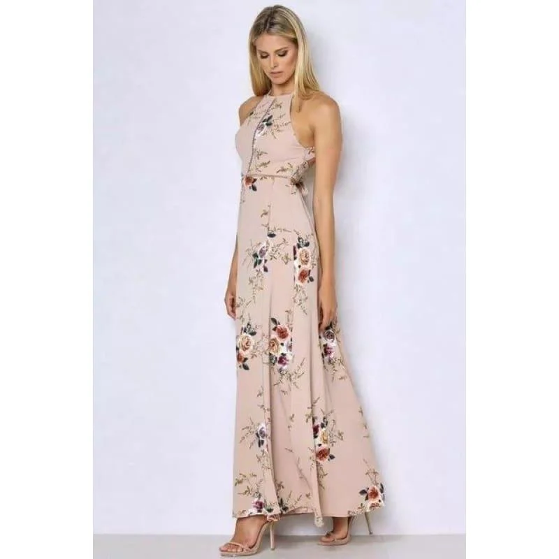 Printed Floral Halter Chiffon Backless Summer Maxi Dress Stylish Maxi Dress with Frills