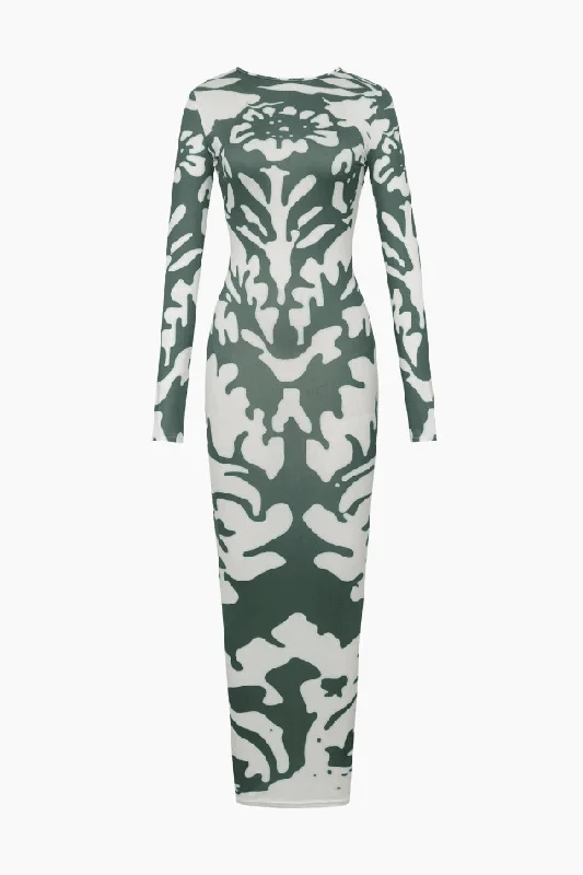 Printed Long Sleeve Backless Maxi Dress Comfortable Maxi Dress with Sleeves