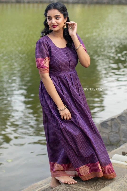 Purple Checks Handloom Maxi Dress Fashionable Open-Back Maxi Dress