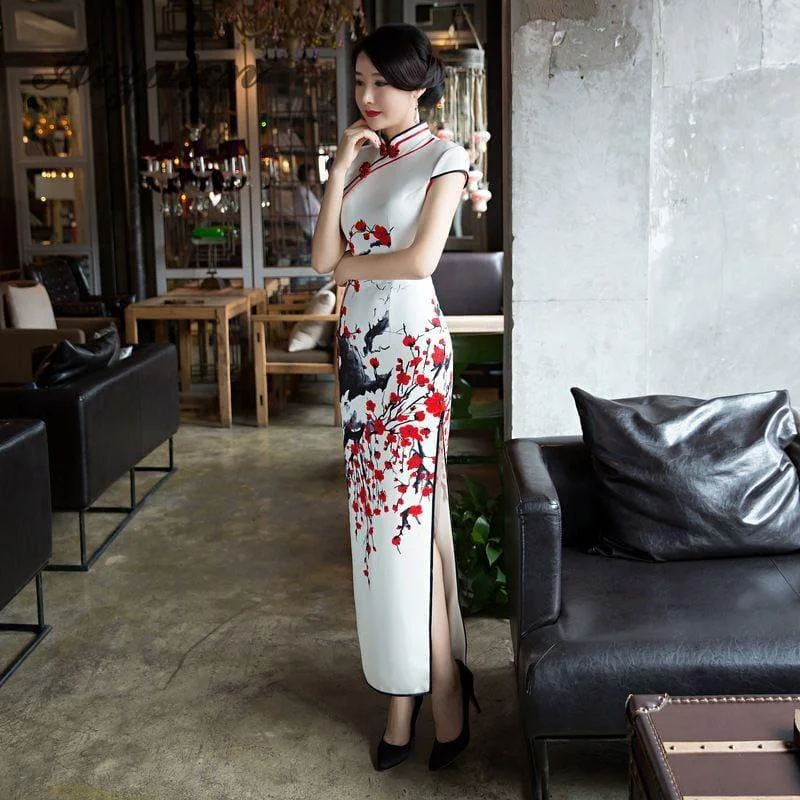 Red Flower Cheongsam White Long Qipao Traditional Dress Oriental Style Maxi Dress Fashionable High-Low Maxi Dress