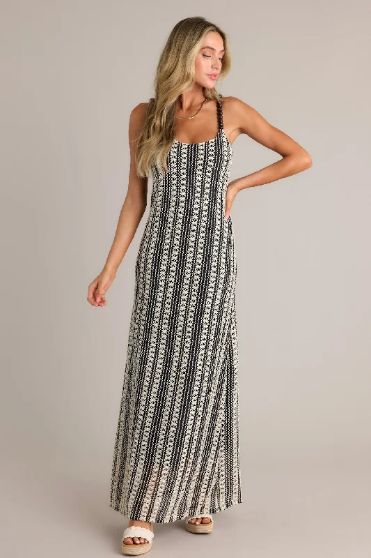 Regal Rhapsody 100% Cotton Black Stripe Knit Maxi Dress Trendy Floral Print Maxi Dress