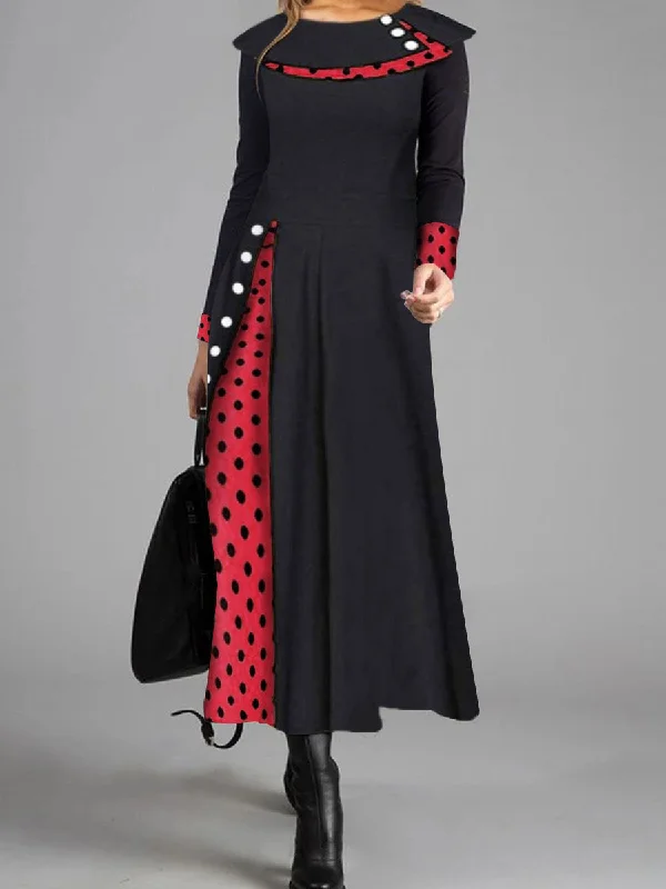 Retro Elegant Long-Sleeved Polka-Dot Color Blocking Maxi Dress Cozy Wrap Maxi Dress