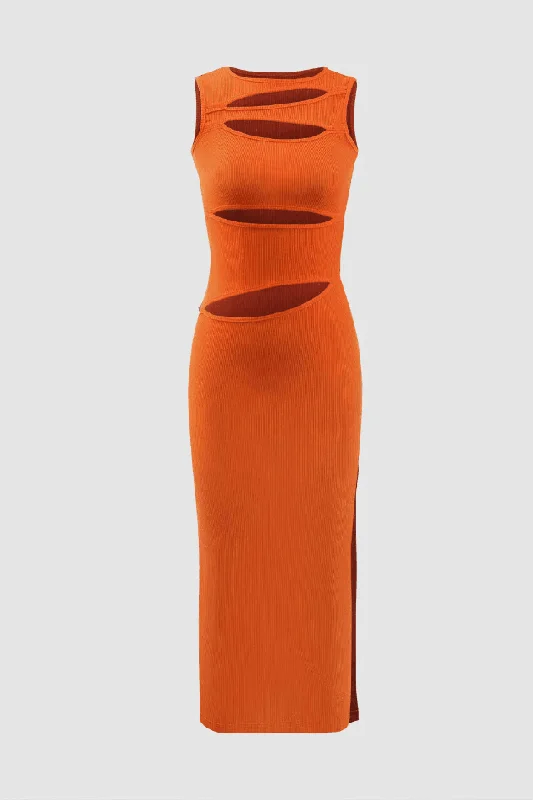 Ribbed Cut Out Side Slit Sleeveless Maxi Dress Chic Summer Maxi Dress