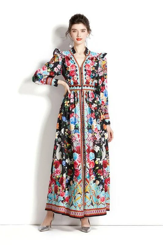 Floral Vintage Long Maxi Dress Comfortable Ruffle Hem Maxi Dress