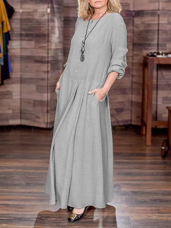 Simple Casual Loose Round Neck Long Sleeve Knitted Maxi Dress Comfortable Cotton Maxi Dress