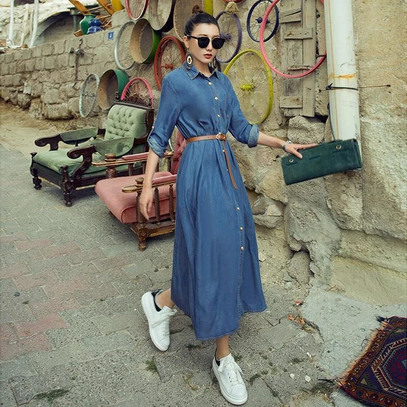 Sky Blue Spring Vintage Denim Shirt Maxi Dress Cozy Maxi Dress with Slit