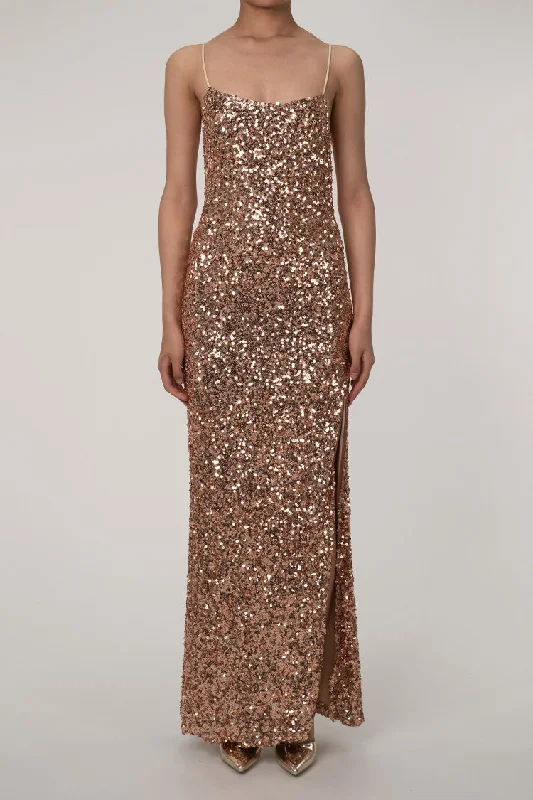 Sparkly Spaghetti Strap High Slit Sequin Maxi Dress - Bronze Gold Cozy Open-Back Maxi Dress