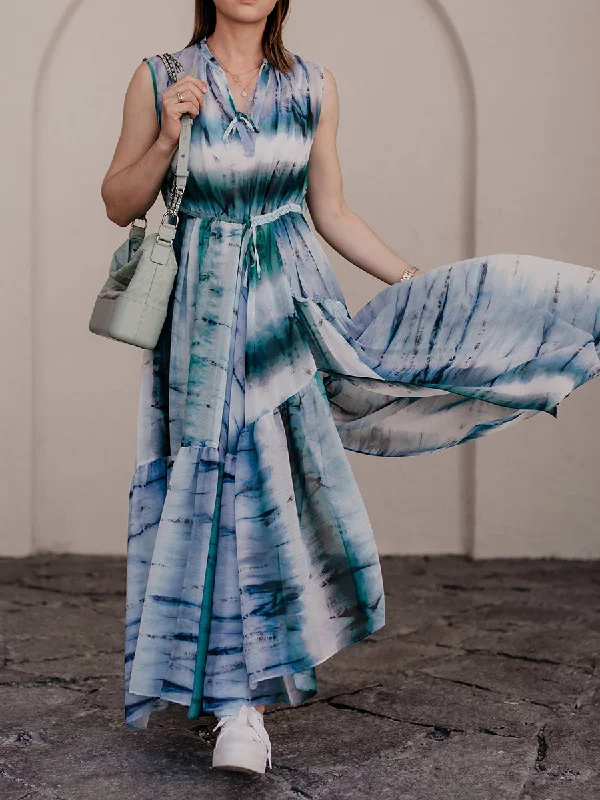 Tie-dye Sleeveless Casual Maxi Dress Trendy Floral Print Maxi Dress