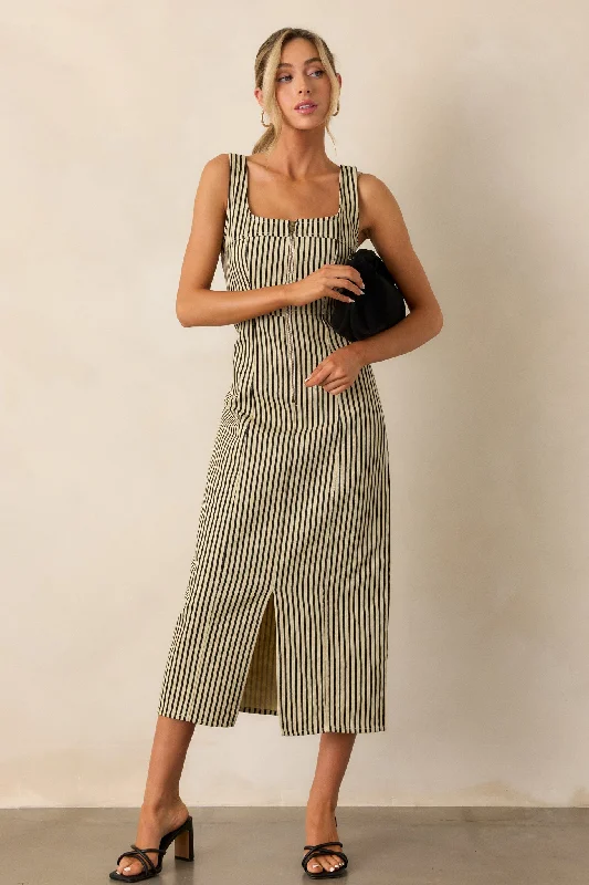 Timeless Beauty Black Stripe Zip Front Denim Maxi Dress Fashionable Halter Neck Maxi Dress