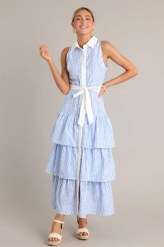 Treasure Trove Blue Stripe Button Front Maxi Dress Fashionable Halter Neck Maxi Dress