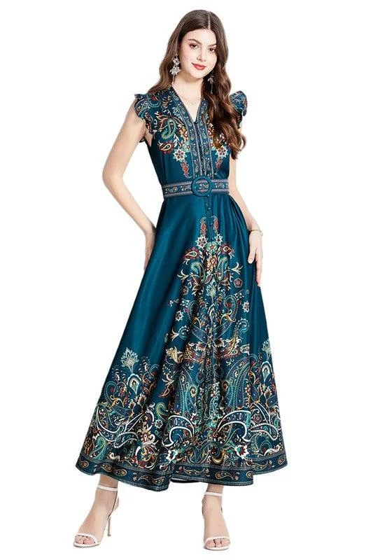 Turquoise Blue Floral Flutter Sleeve Maxi Dress Comfortable Pleated Maxi Dress