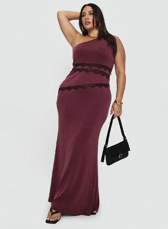 Ultraviolet One Shoulder Lace Maxi Dress Wine Curve Elegant Maxi Dress with Pockets