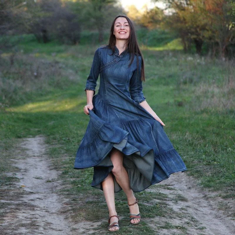 Vintage Women Three Quarter Sleeve A-Line Blue Denim Maxi Dress Trendy Fit-and-Flare Maxi Dress