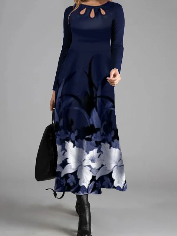 Vintage Elegant Floral Long Sleeve Maxi Dress Comfortable Ruffle Maxi Dress