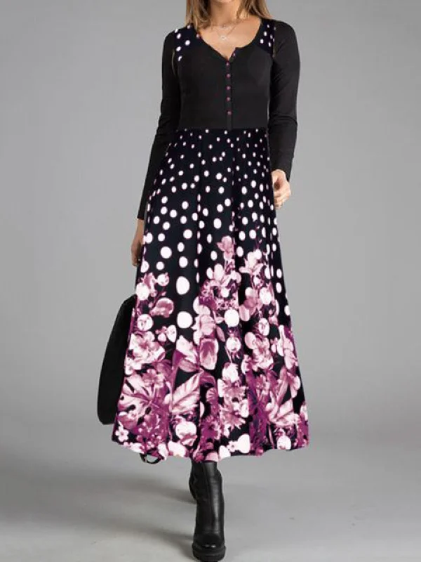 Vintage Elegant Floral Long Sleeve Maxi Dress Chic Button-Up Maxi Dress