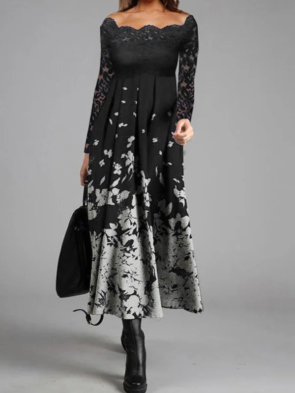 Vintage Elegant Long Sleeve Lace Floral Maxi Dress Stylish Pleated A-Line Maxi Dress