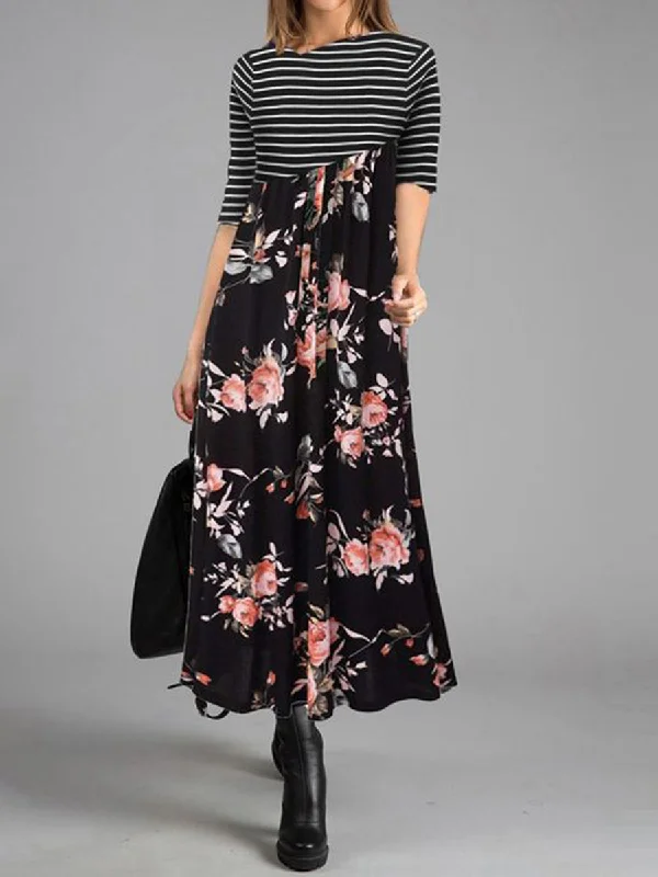 Vintage Elegant Striped Floral Maxi Dress Cozy Maxi Dress with Slit