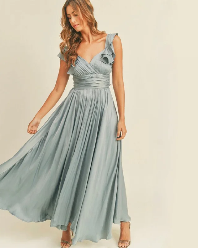 Wedding Guest Dress Satin Maxi Dress in Dusty Blue Cozy Ruffle Sleeve Maxi Dress