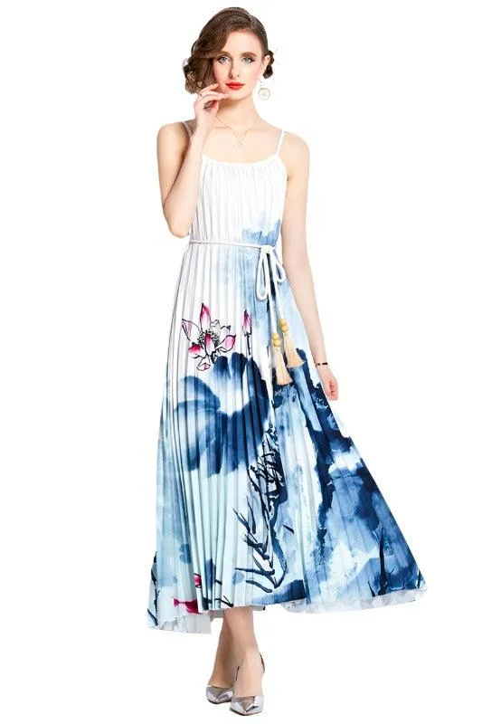 White Blue Floral Belted Maxi Dress Fashionable Maxi Dress with Fringe