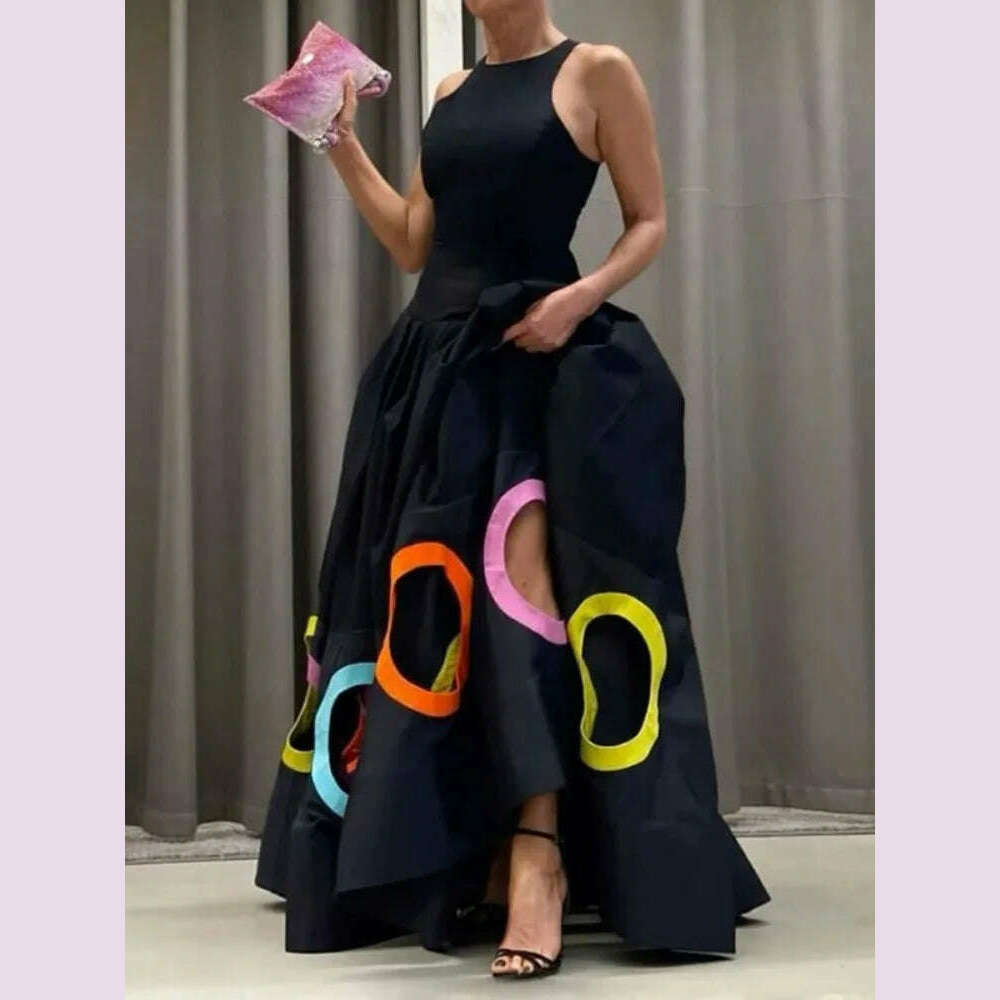 Yeezzi Women Fashion Colorful Printed Hollow Pleated A-line Dress 2024 New Summer Sleeveless Party Prom Evening Maxi Dresses Fashionable Off-Shoulder Maxi Dress