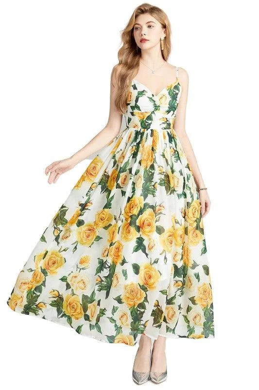 Yellow Multi Flower Maxi Dress Perfect for Summer Weddings Fashionable High-Low Maxi Dress