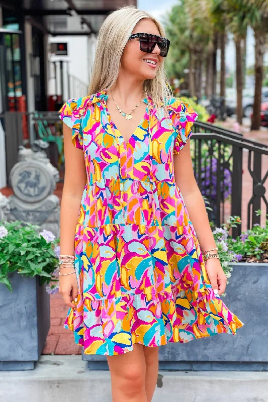 Vibrant Florals Tiered Mini Dress - Purple Multi Stylish Short Sleeve Mini Dress