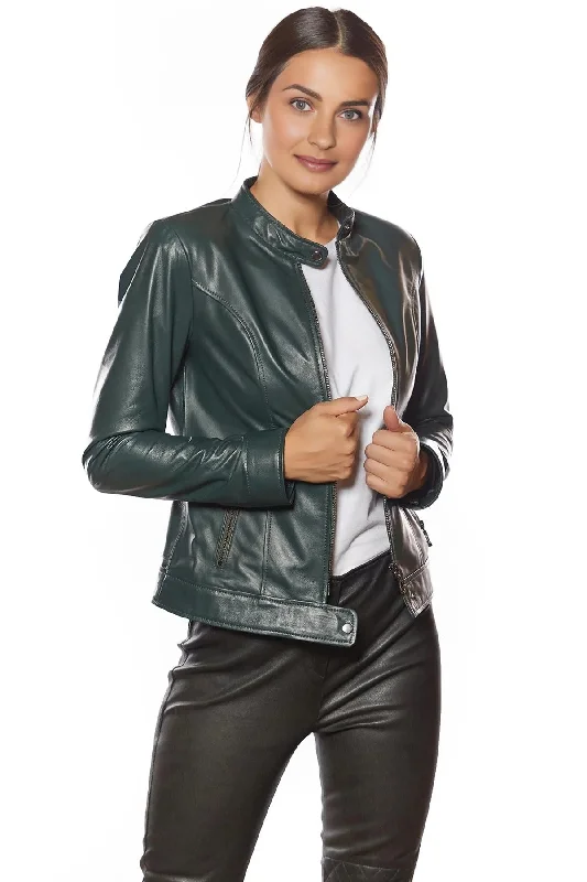 Addison Green Leather Jacket For Women Fleece Fabric Down Fabric Feather Fabric