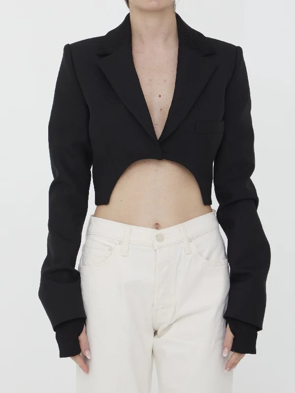 Asymmetrical Cropped Jacket Notch Collar Peter Pan Collar Cowl Neck