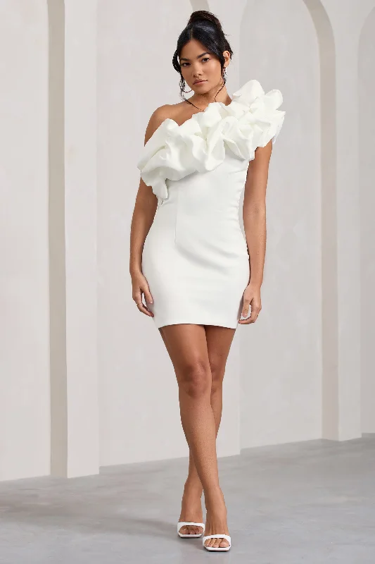 At The Opera | White Satin One Shoulder Ruffled Mini Dress Comfortable Smocked Mini Dress