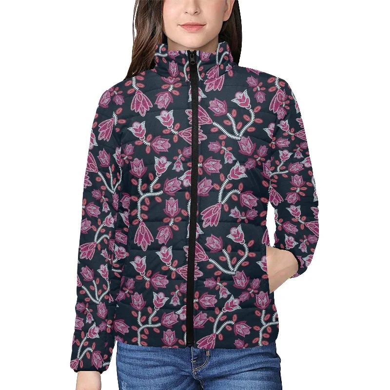 Beaded Pink Women's Stand Collar Padded Jacket A-Line Jacket Boat Neck Shawl Collar