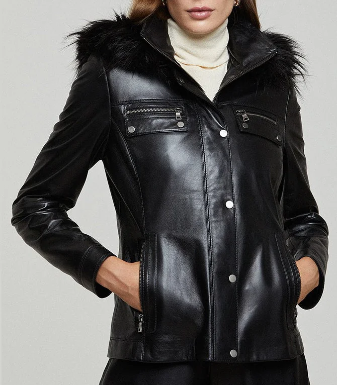 Black Edith Fur Hood Leather Jacket For Women Cardigan Sweater Pullover