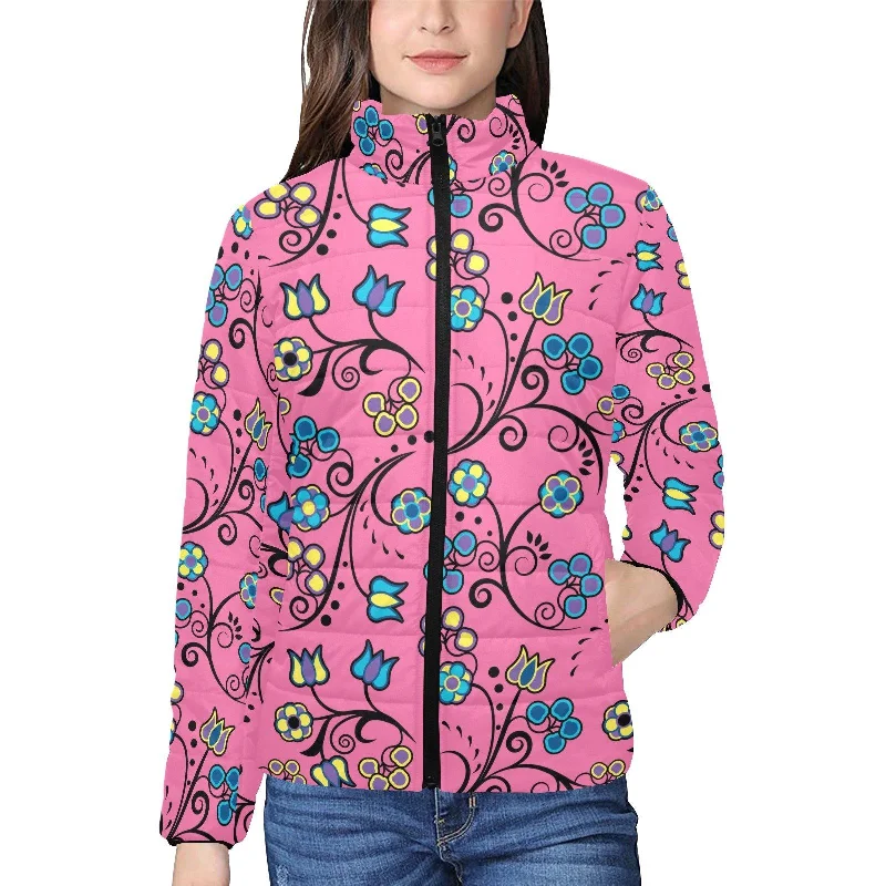 Blue Trio Bubblegum Women's Stand Collar Padded Jacket Zippered Front Buttoned Front Snap Front