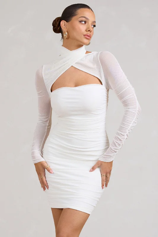 Bouquet Toss | White Ruched Mesh Long-Sleeved Mini Dress Stylish Spaghetti Strap Mini Dress