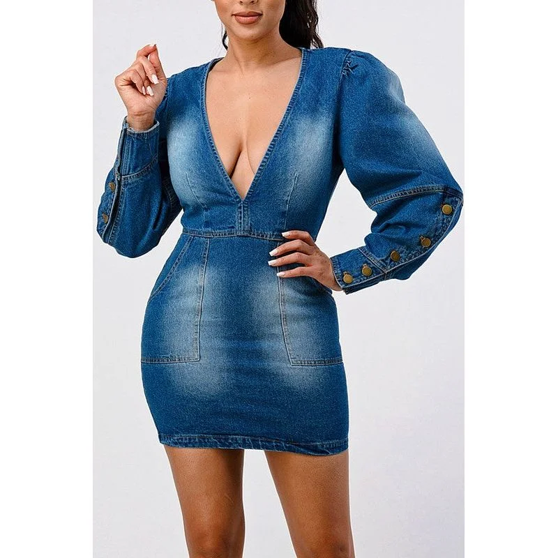 CASUAL DENIM RUFFLE MINI DRESS Casual Button-Up Mini Dress