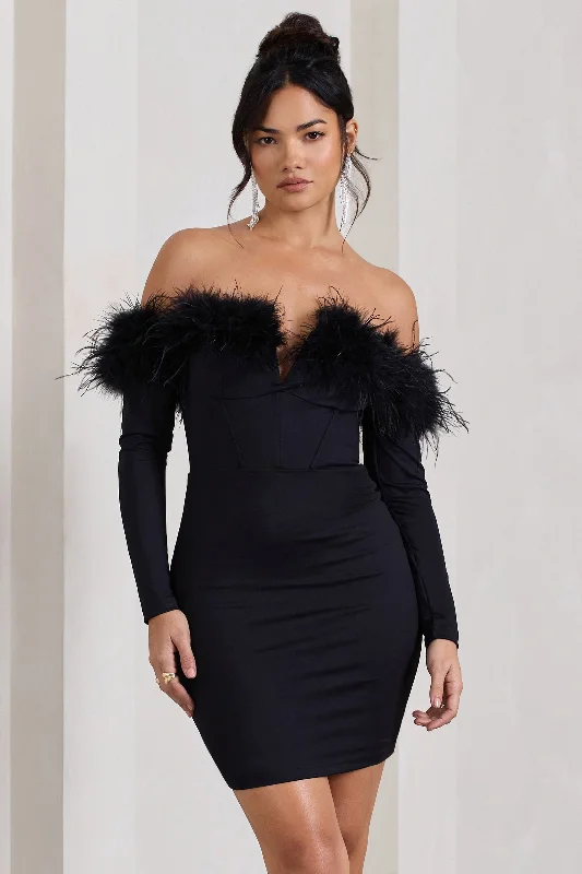 Celia | Black Plunge Neck Bardot Mini Dress With Feather Trim Detail Fashionable Mini Dress with Frills