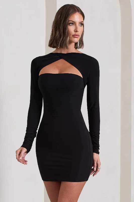 Charmer | Black Twist-Neck Cut-Out Mini Dress Fashionable Off-Shoulder Mini Dress