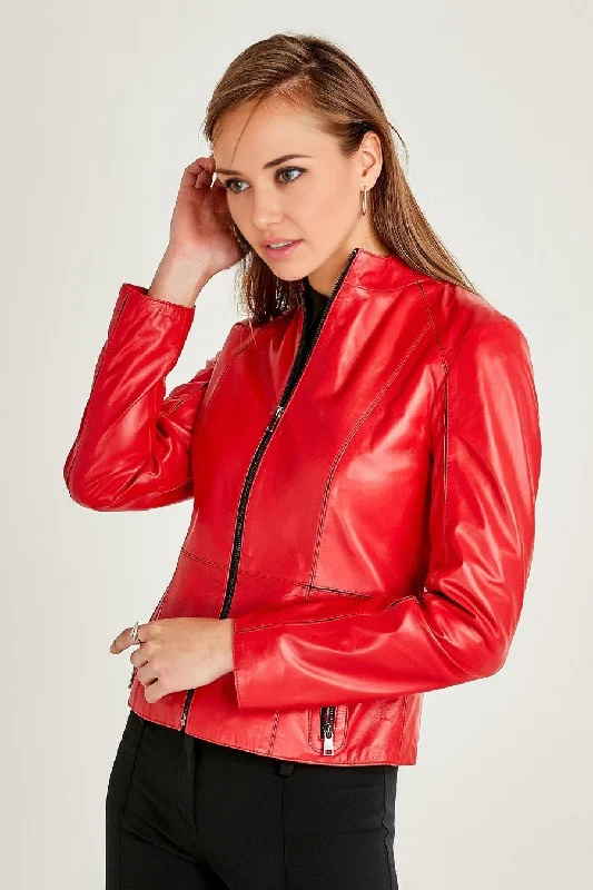 Cherry Red Leather Jacket For Women Toggled Jacket Drawstring Jacket Belted Jacket