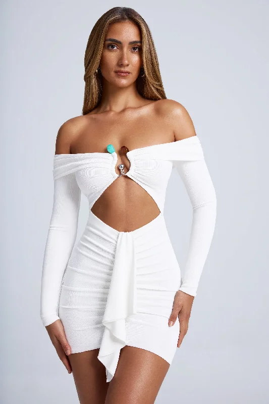 Hardware Detail Off-Shoulder Cut-Out Mini Dress in White Fashionable Mini Dress with Slits